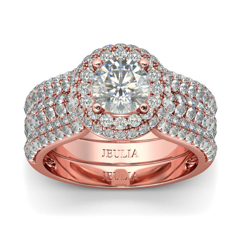 Jeulia Rose Gold Tone Halo Round Cut Sterling Silver Ring Set