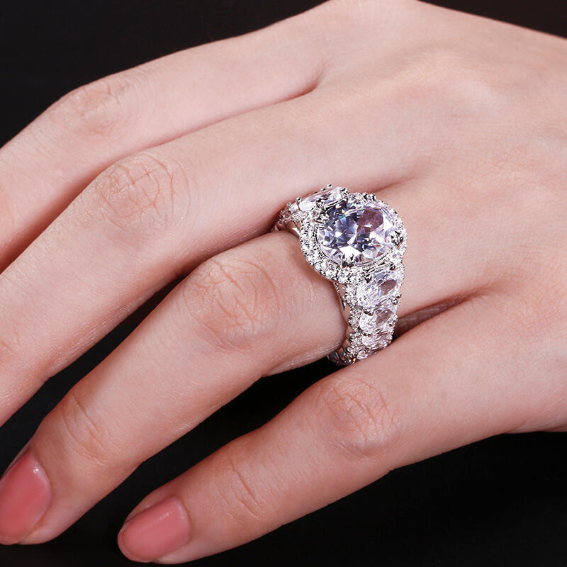 Jeulia Anel de prata esterlina com corte oval halo artístico