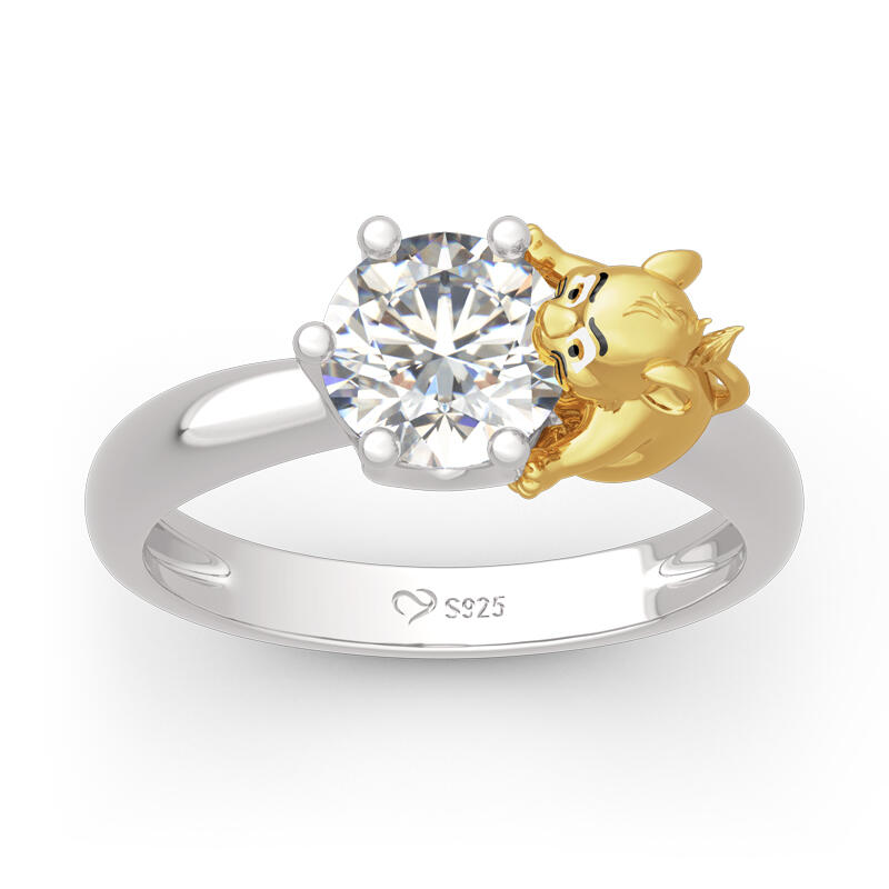 Jeulia Hug Me "Król Dżungli" Lew Korona Okrągłe Cięcie Srebrny Pierścionek