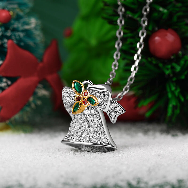 Jeulia Jingle Bells with Christmas Holly Sterling Silver Necklace