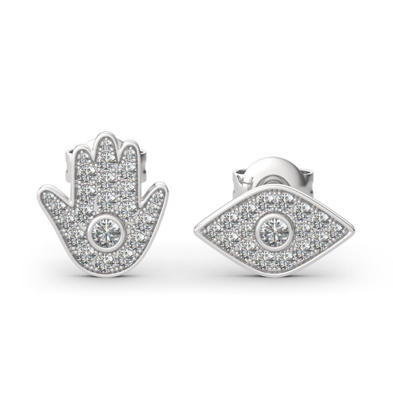 Jeulia "Hamsa and Evil Eye" Asymmetric Sterling Silver Stud Earrings