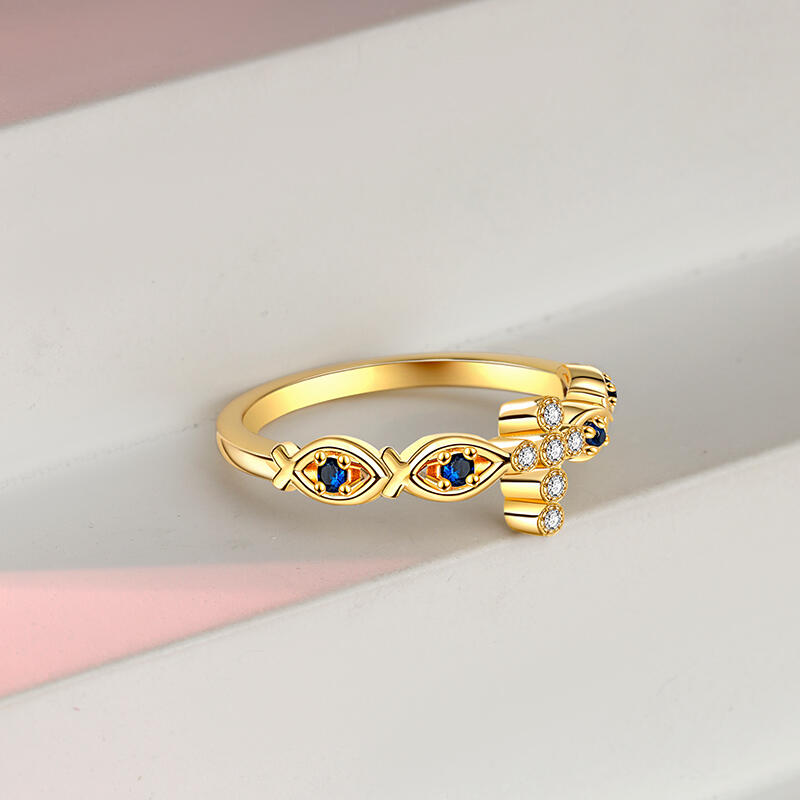 Jeulia Golden Fish & Cross Design Sterling Silver Ring