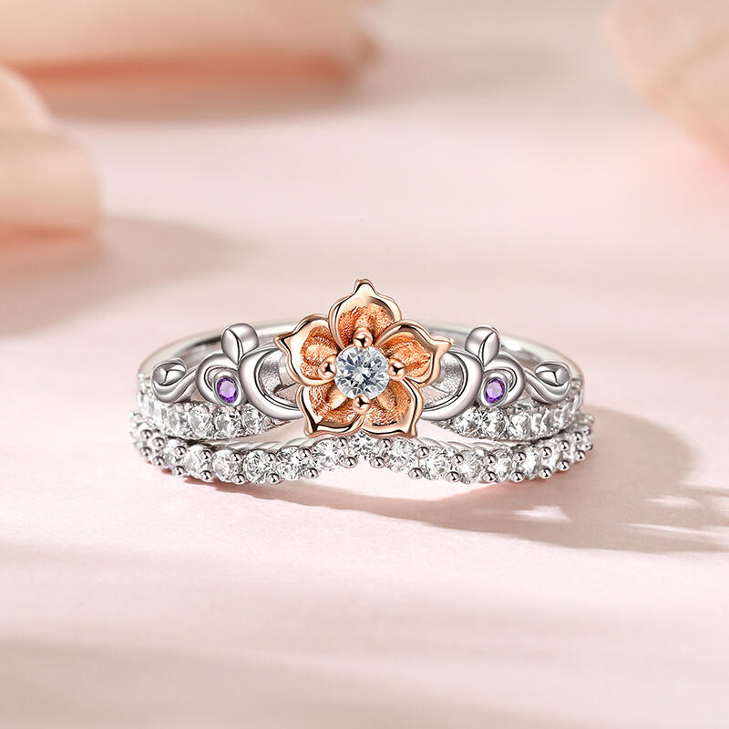 Jeulia Rose Gold Flower Promise Ring Set Two Tone Sterling Silver