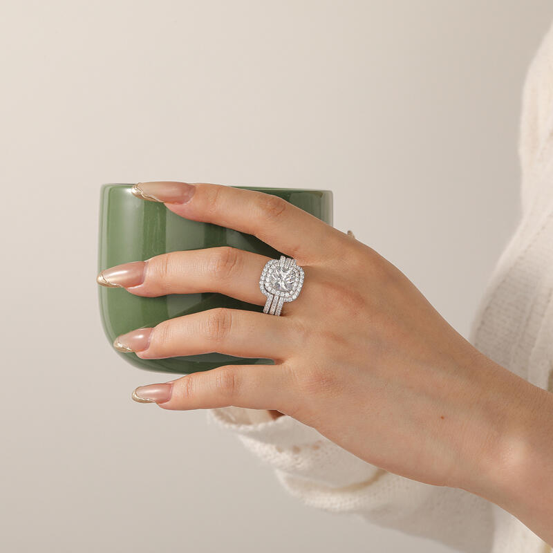 Jeulia Classic Cushion Cut Halo Engagement Ring Set Sterling Silver