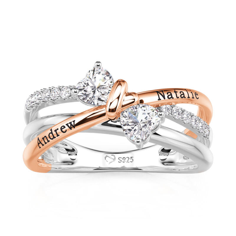 Jeullia Custom Bow Engraved 2 Hearts Promise Ring with Birthstone