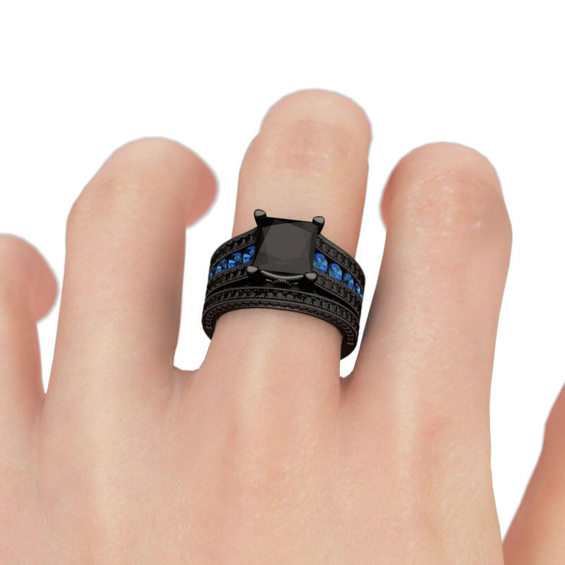 Jeulia Conjunto De Anillo Negros Vintage De Talla Princesa En Plata De Ley