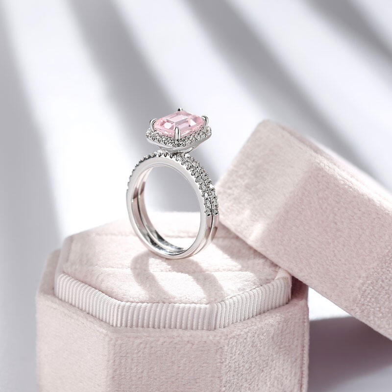 Jeulia Halo Emerald Cut Synthetic Morganite Sterling Silver Ring Set