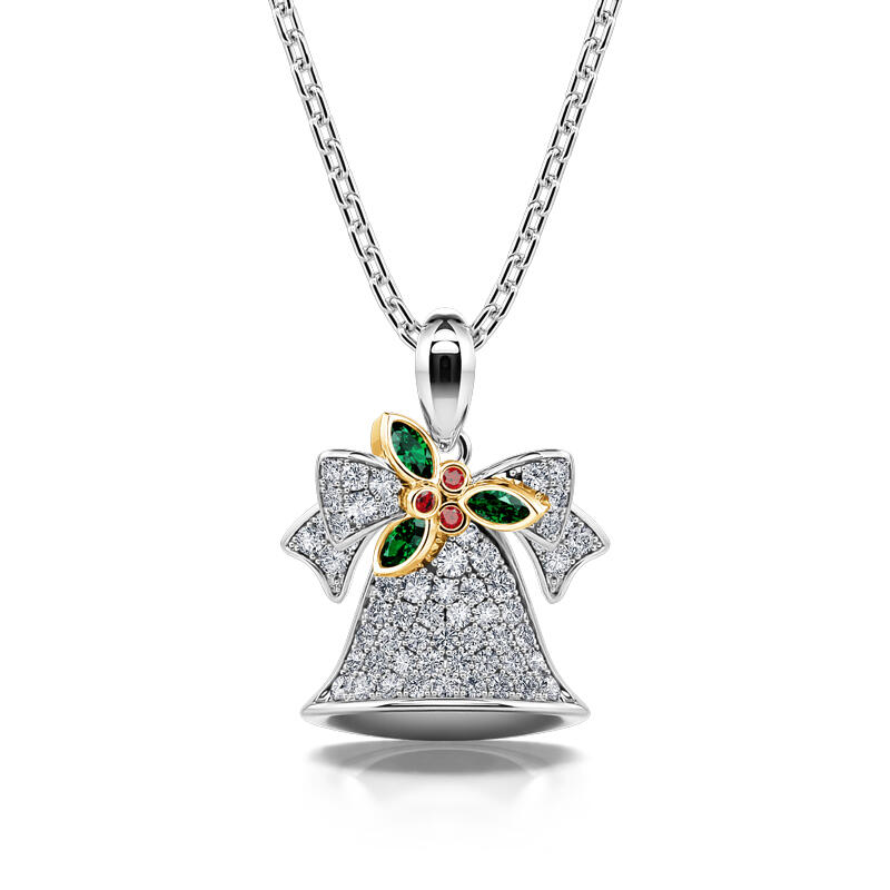 Jeulia Jingle Bells with Christmas Holly Sterling Silver Necklace