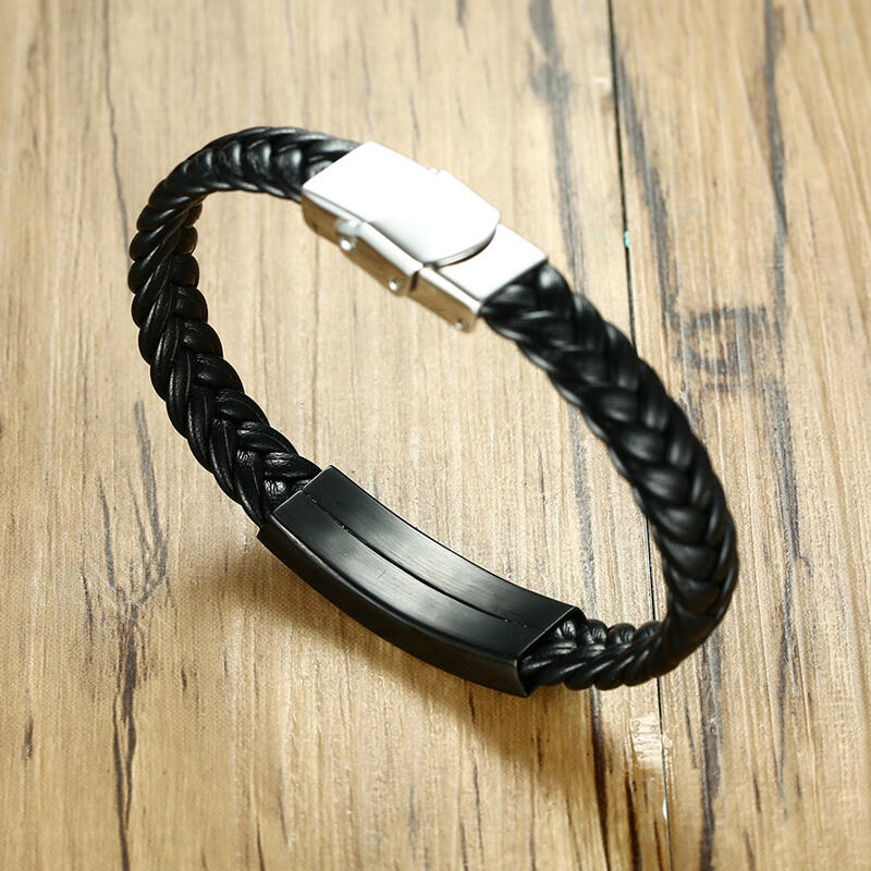 Jeulia Rhinestone Stainless Steel Leather Men's Bracelet