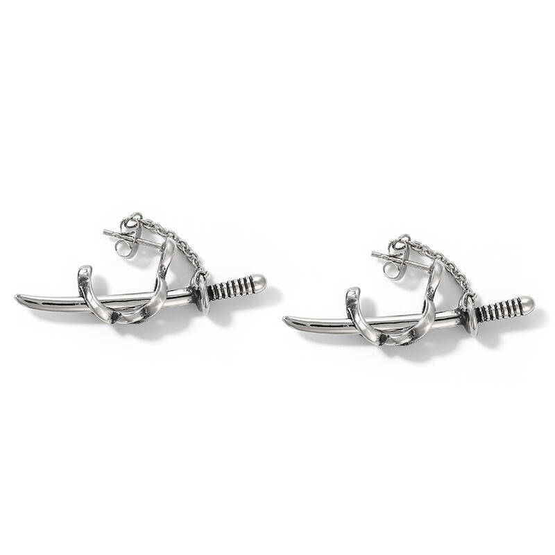 Jeulia Punk Style Sword Men's Titanium Steel Chain Earrings