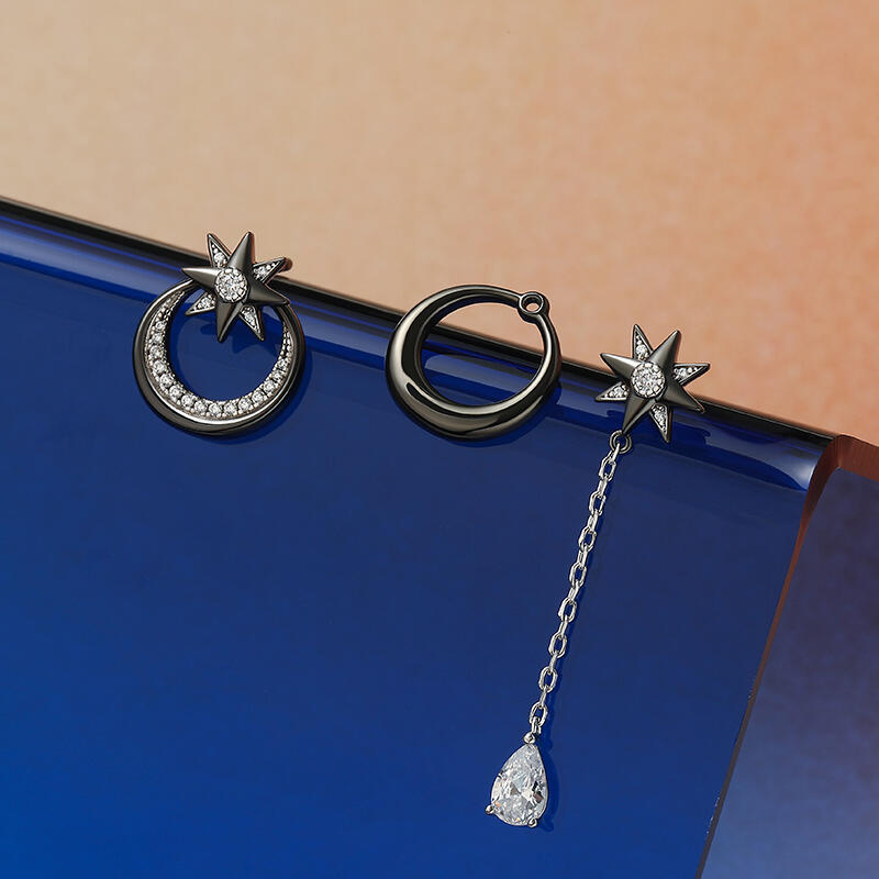 Jeulia Pendientes Asimétricos de Plata de Ley Estrella de Ocho Puntas para Mujer