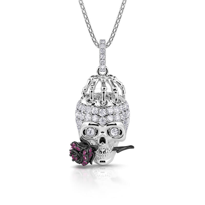 Jeulia "Forever Romance" Skull and Rose Flower Sterling Silver Necklace