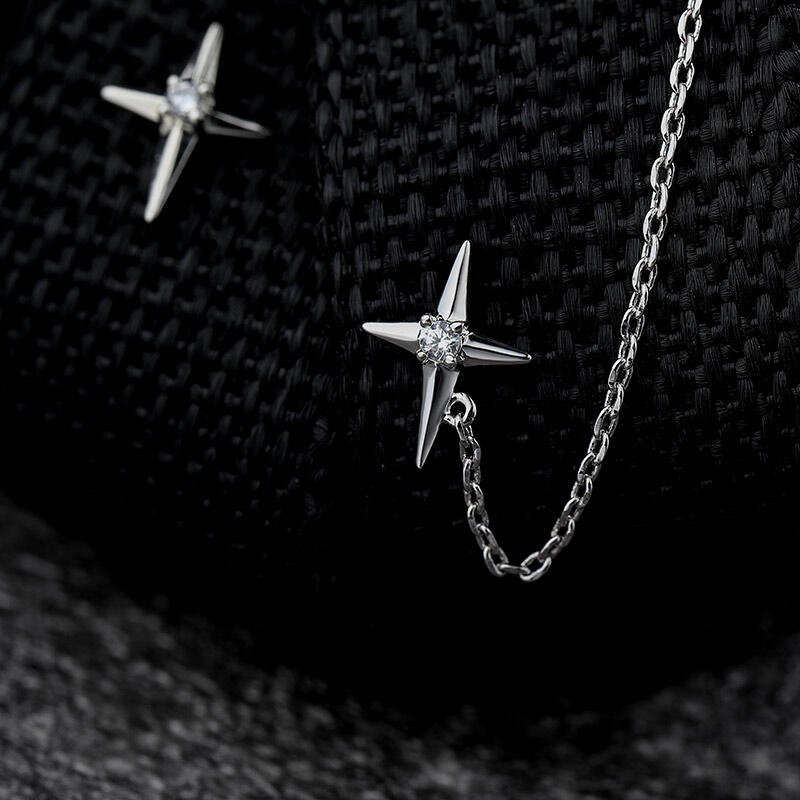 Jeulia "Four-Point Star" Sterling Silver Ear Cuff with Chain