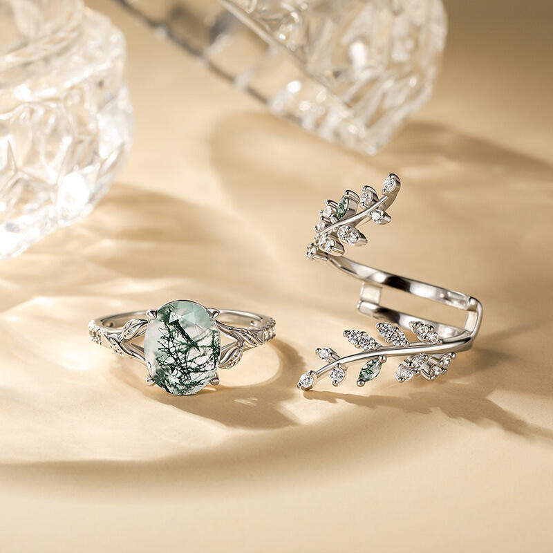 Jeulia Nature Inspired Vine Leaf Moss Agate Ring Set 2PCS