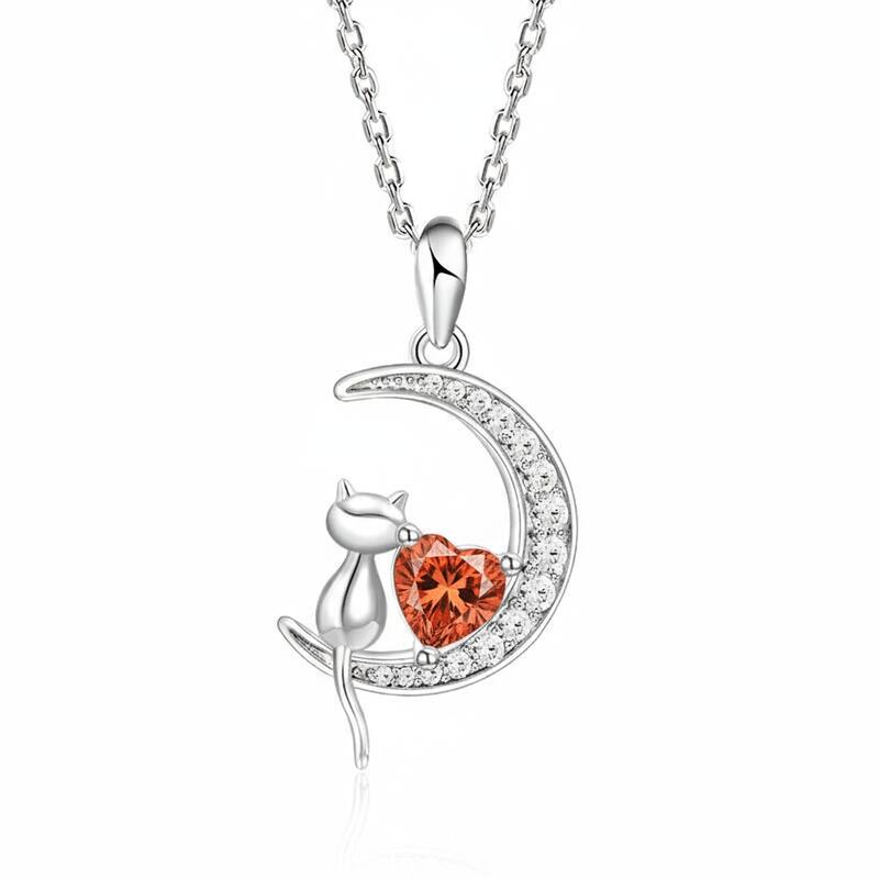 Jeulia 誕生石付きキャット＆ハート・ムーン・ネックレス