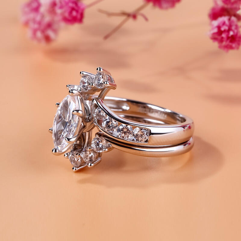 Jeulia Bypass Marquise Cut Sterling Silver Ring Set