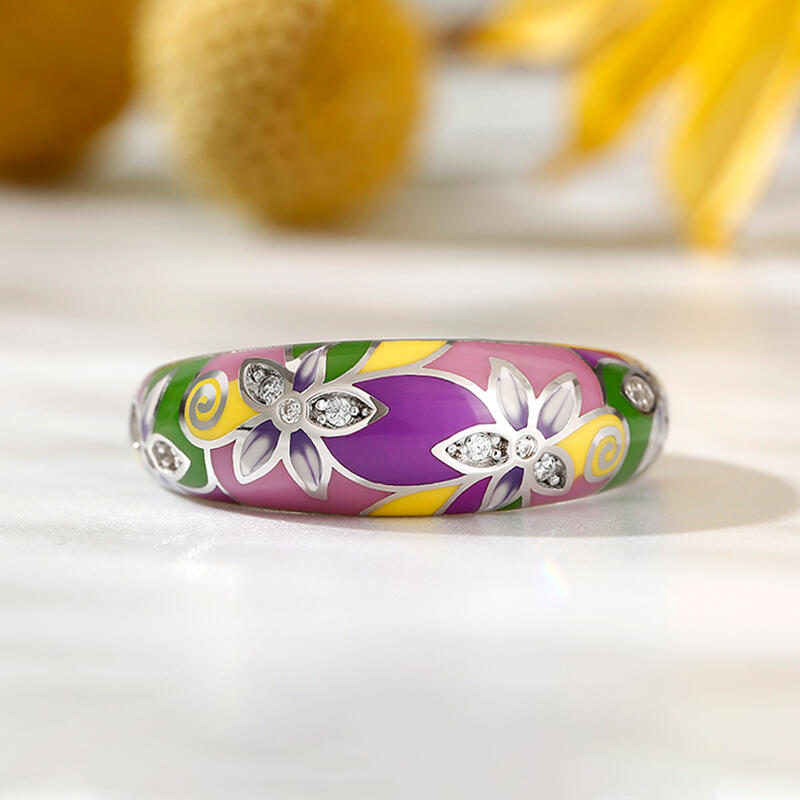 Jeulia "Charming Flower" Multicolored Enamel Sterling Silver Women's Band