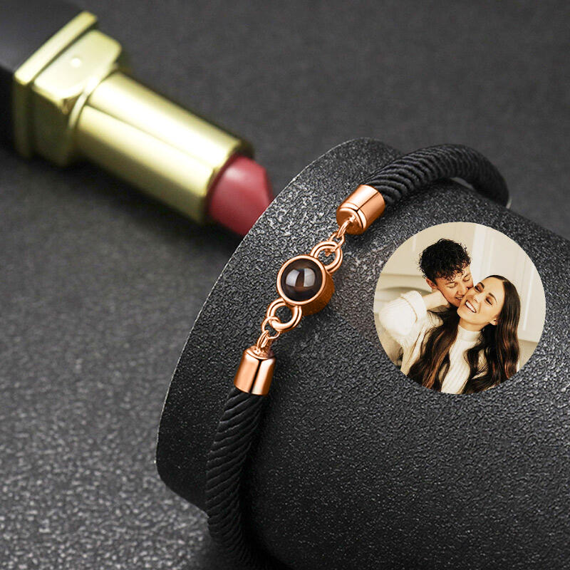 Bracciale con Proiezione di Foto Dentro Corda Nera e Perlina Argento Sterling
