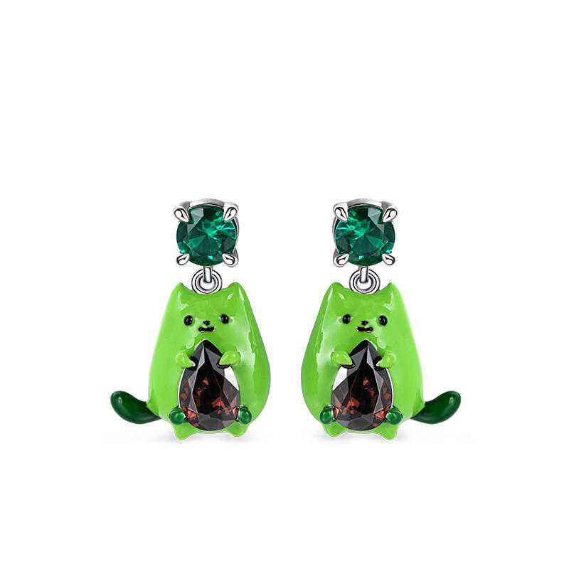 Jeulia Hug Me "Avocado Cat" Enamel Sterling Silver Jewelry Set