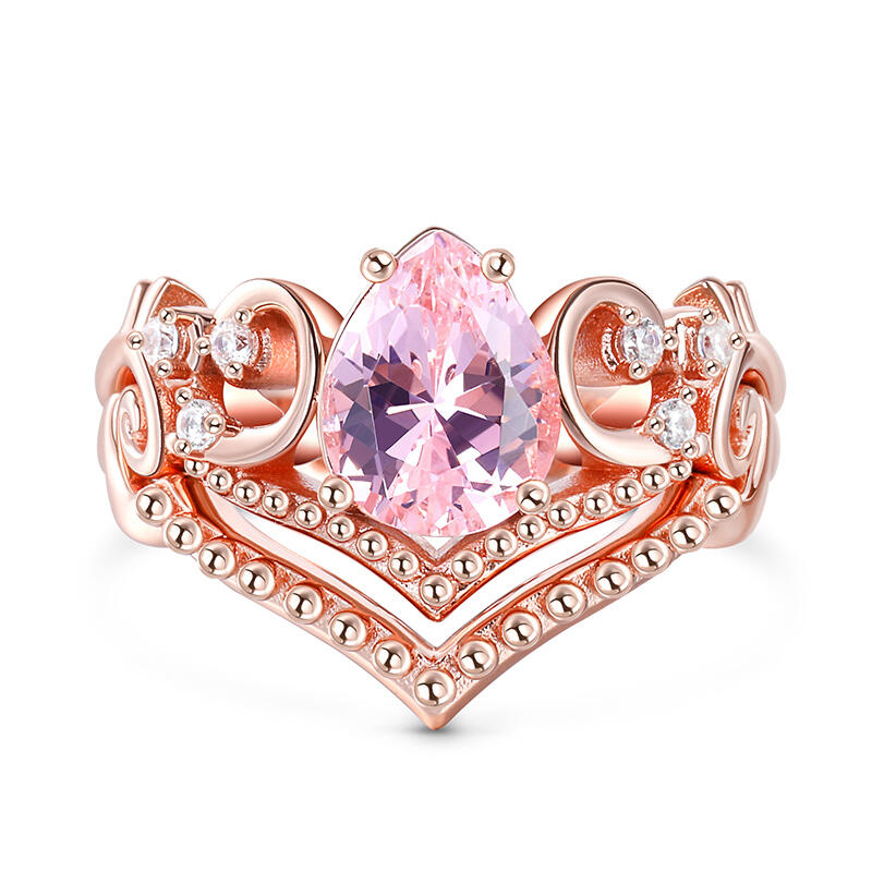 Jeulia V-shaped Pear Cut Synthetic Morganite Sterling Silver Ring Set