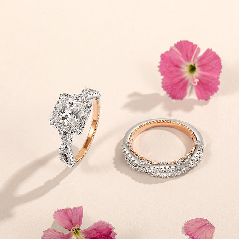 Jeulia Juego de Anillos de Compromiso Bicolor Halo y Diseño Trenzado