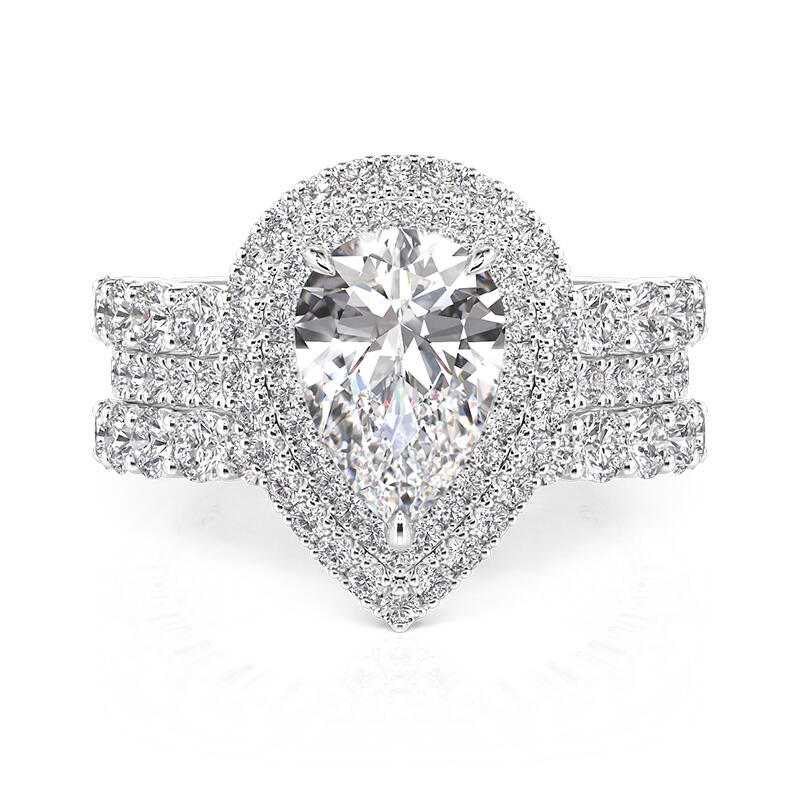 Jeulia Double Halo Pear Cut Engagement Ring Set 3PCS with Eternity Band