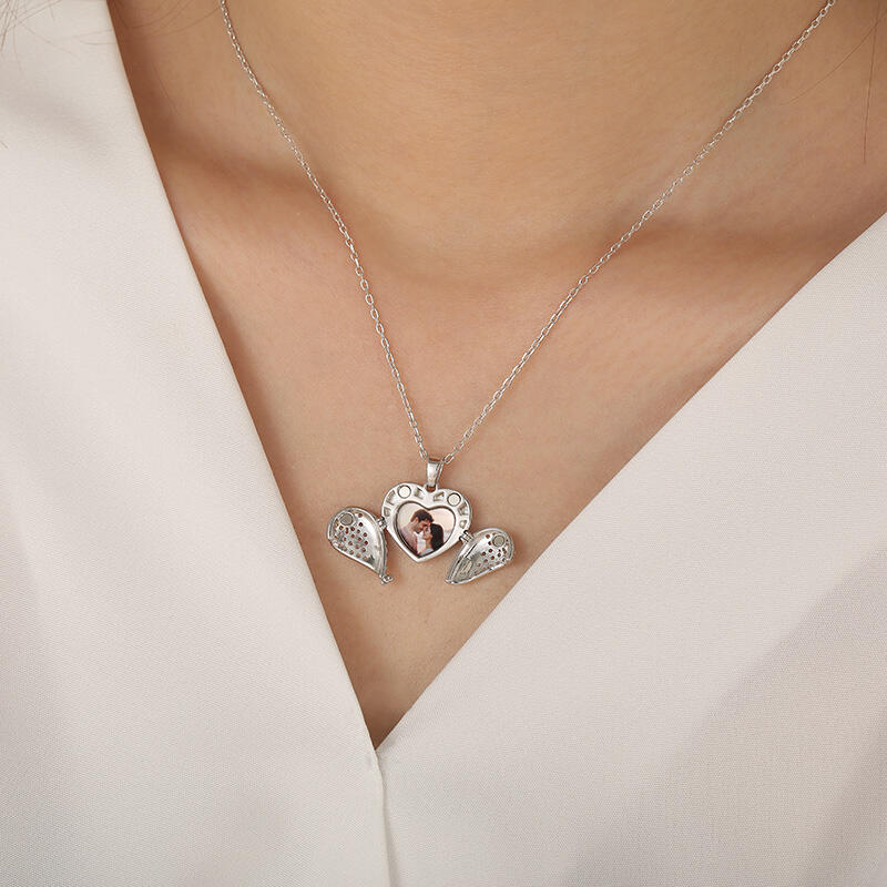 Jeulia Winged Personalized Heart Photo Locket Necklace