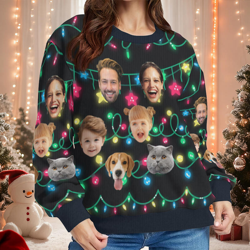 Personalisierter hässliche Weihnachtspullover Unisex Individuelles Gesichtsfoto Lichterkette Lustiges Design Weihnachtsgeschenk für die Familie