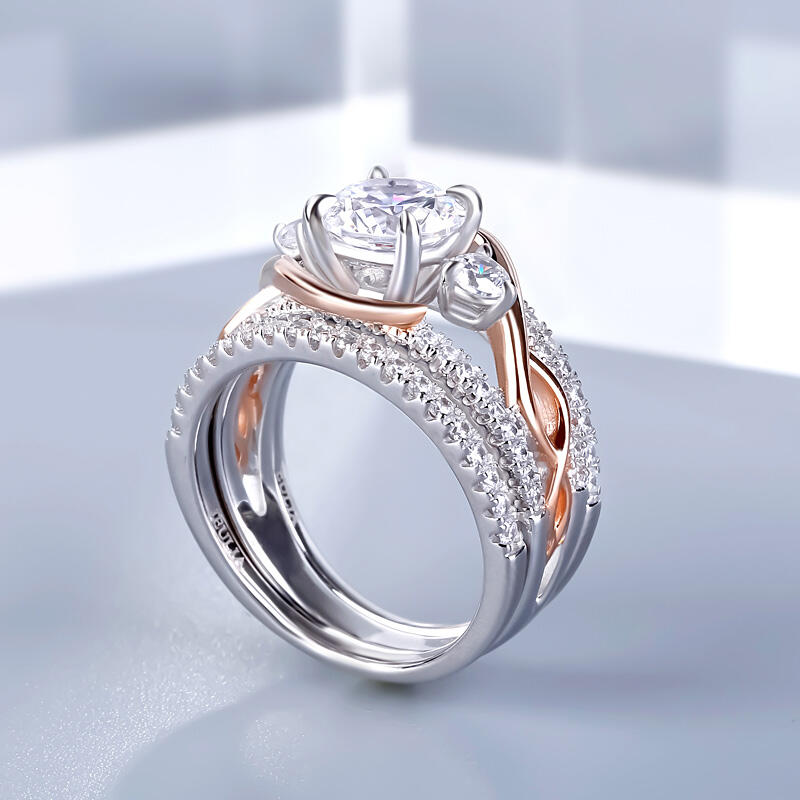 Jeulia Ensemble de Bagues Entrelacé Bicolore en Argent Sterling Coupe Ronde 3PC