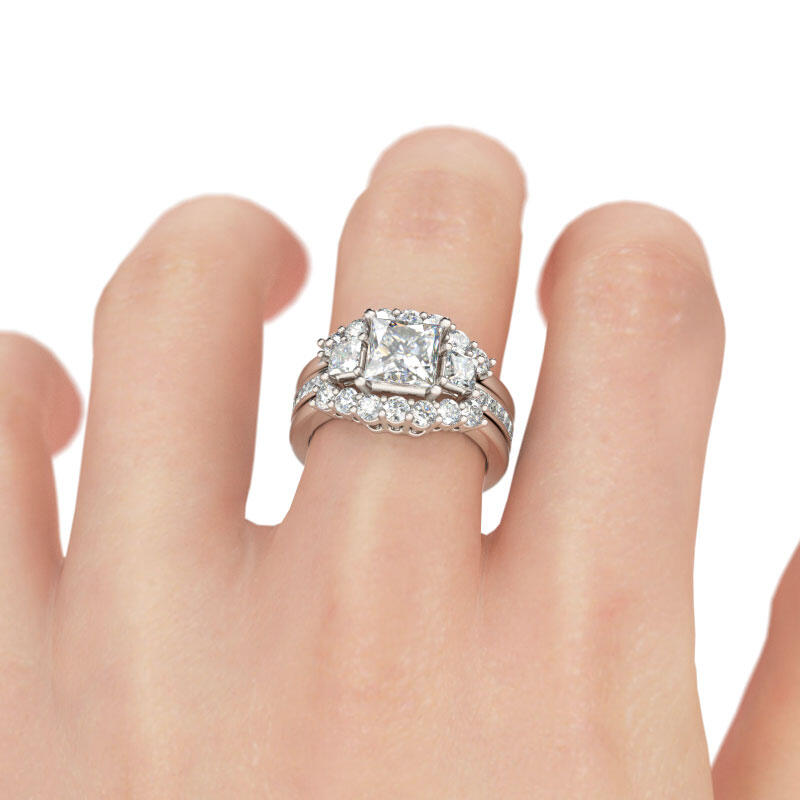 Jeulia Three Stone Princess Cut Interchangeable Sterling Silver Ring Set