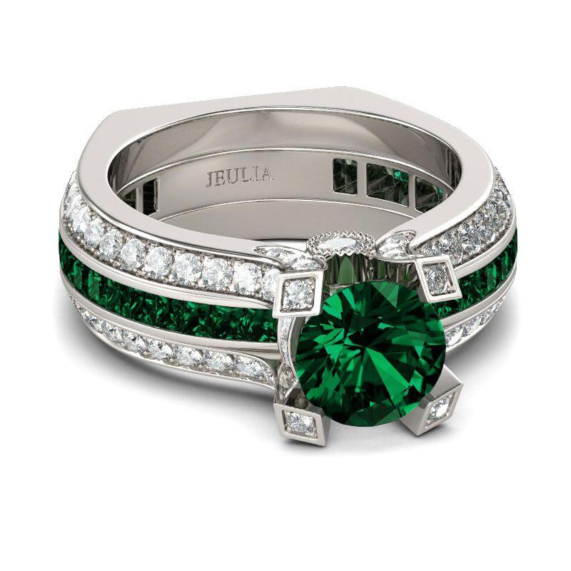 Jeulia Interchangeable Round Cut Created Emerald Ring Set