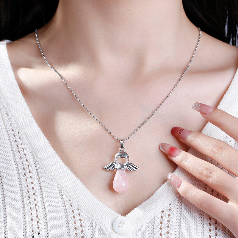 Jeulia "Loving Support" Angel Wings Natural Rose Quartz Necklace