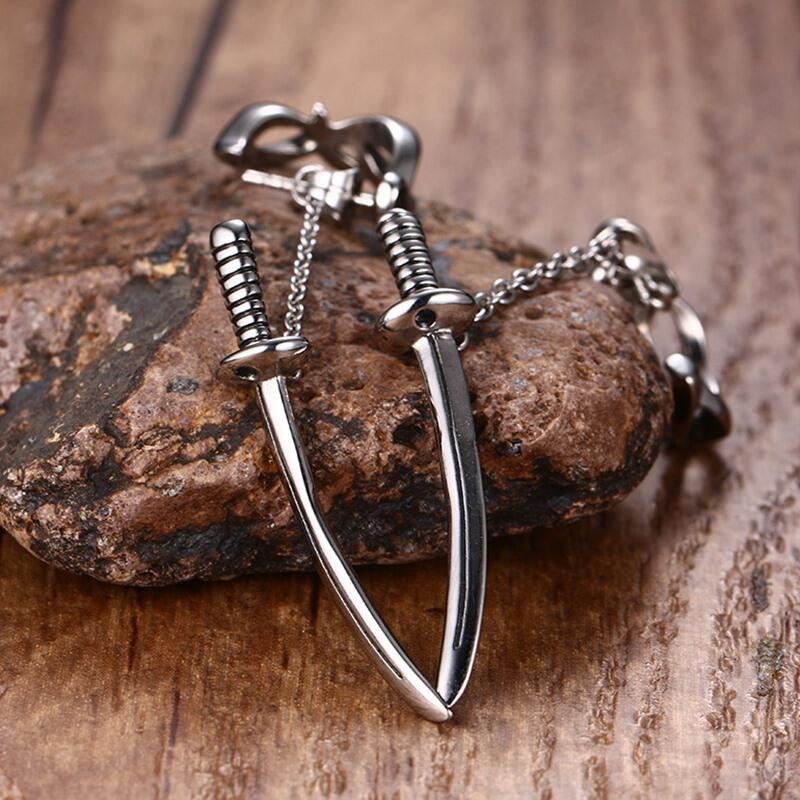 Jeulia Punk Style Sword Men's Titanium Steel Chain Earrings