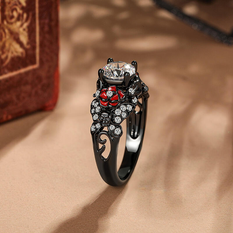 Jeulia Rose and Butterfly Black Skull Ring Sterling Silver
