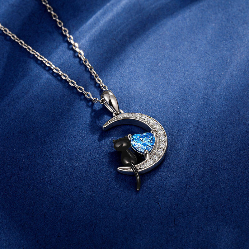 Jeulia Luna Astra Moon Black Cat Necklace with Birthstone