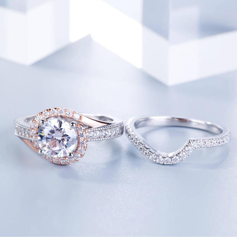 Jeulia Split Shank Round Cut Sterling Silver Ring Set