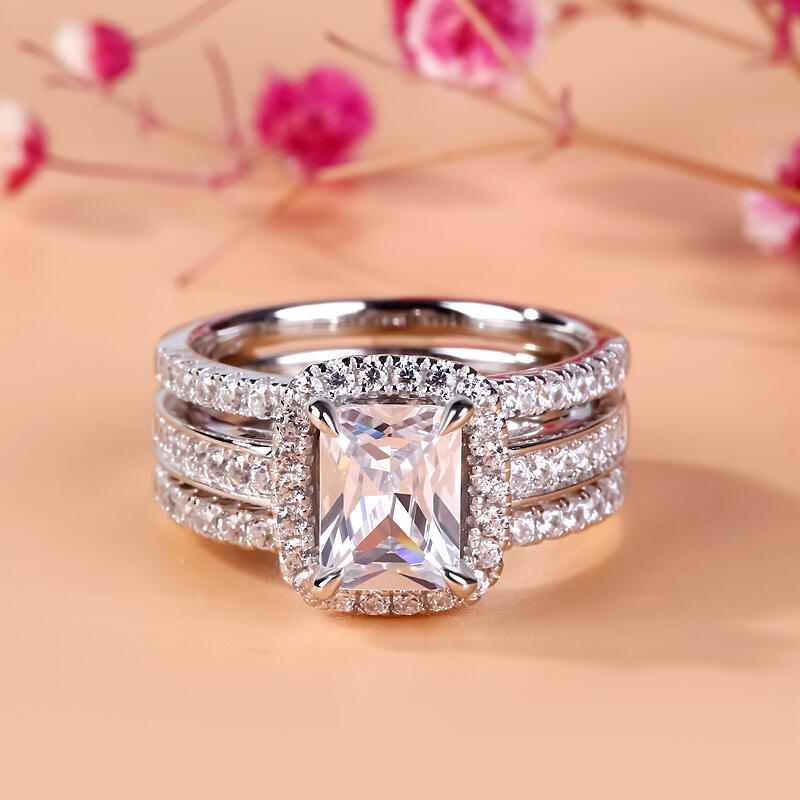 Jeulia Halo Radiant Cut Sterling Silver Enhancer Ring Set