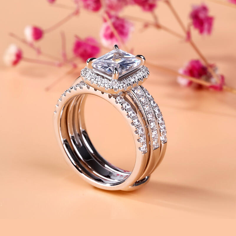 Jeulia Halo Radiant Cut Sterling Silver Enhancer Ring Set