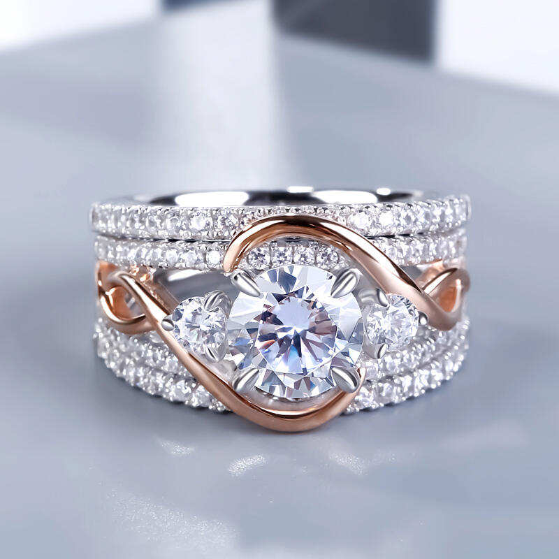 Jeulia Ensemble de Bagues Entrelacé Bicolore en Argent Sterling Coupe Ronde 3PC