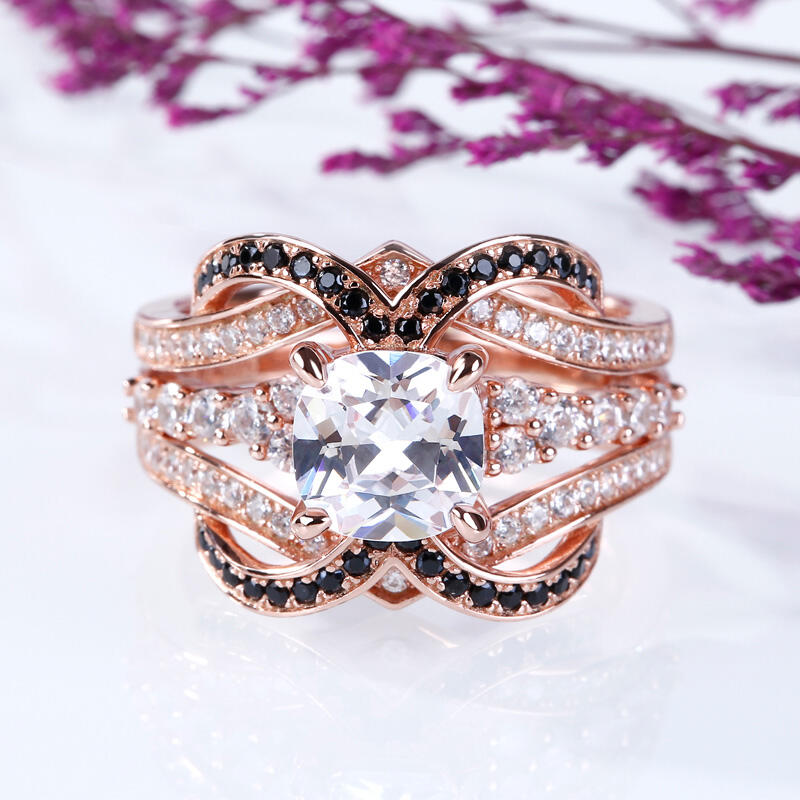 Jeulia Rose Gold Tone Cushion Cut Sterling Silver Ring Set