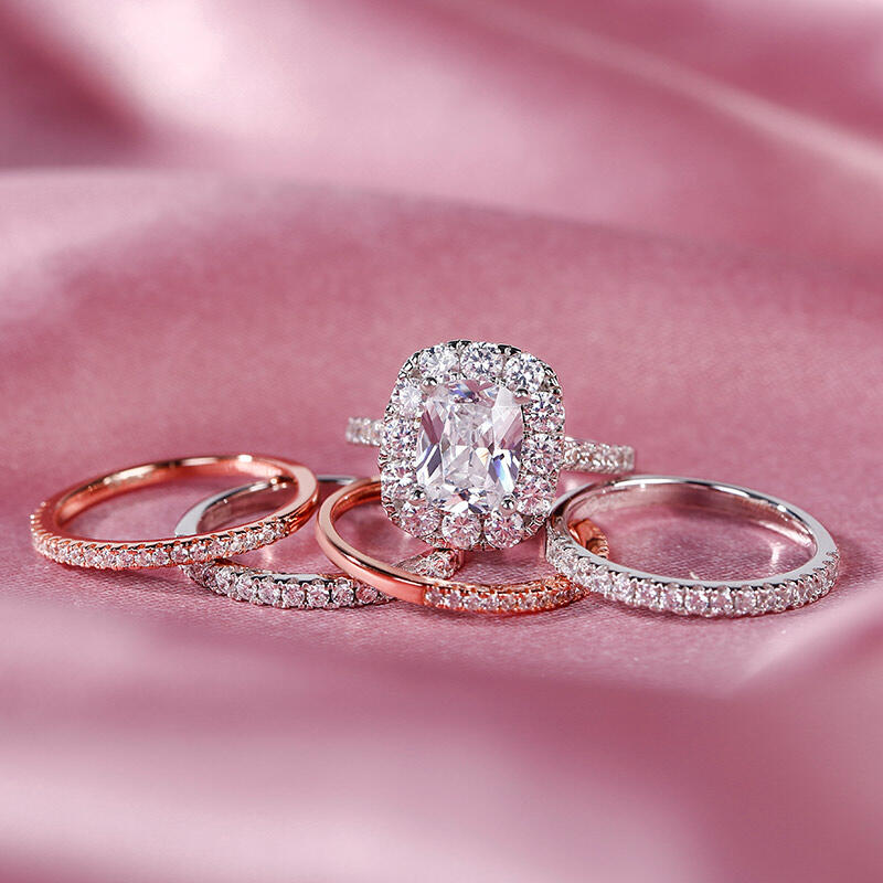 Jeulia Two Tone Halo Sterling Silver Ring Set