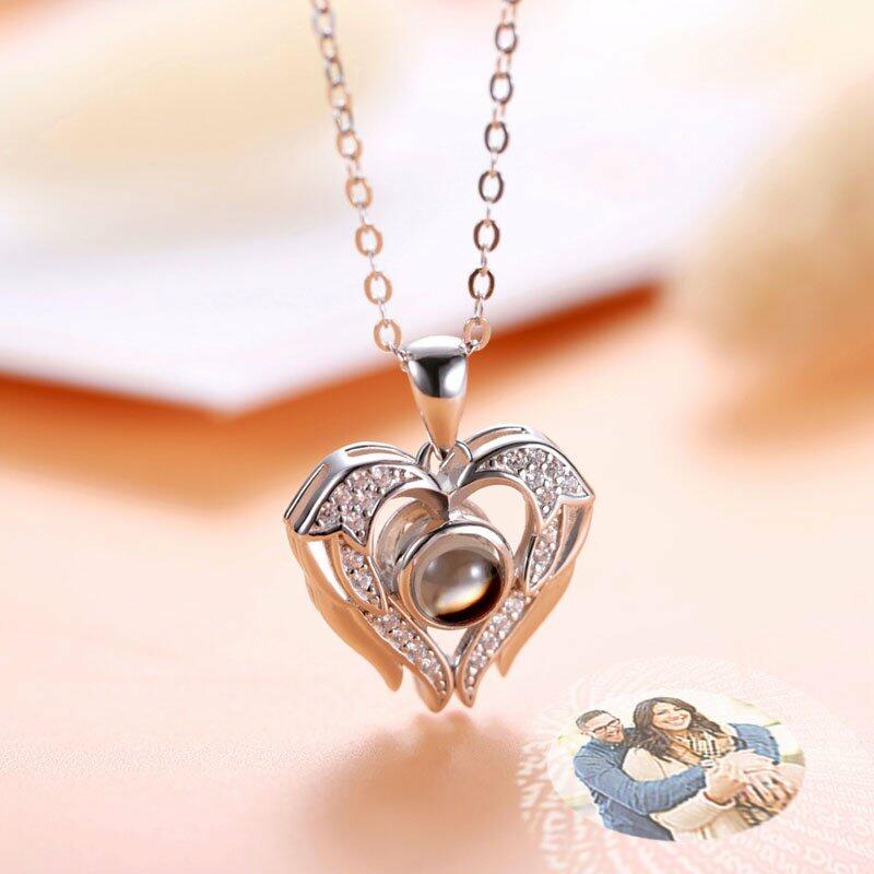 シルバー925 ハート&羽 投影 写真 写真入れ ネックレス