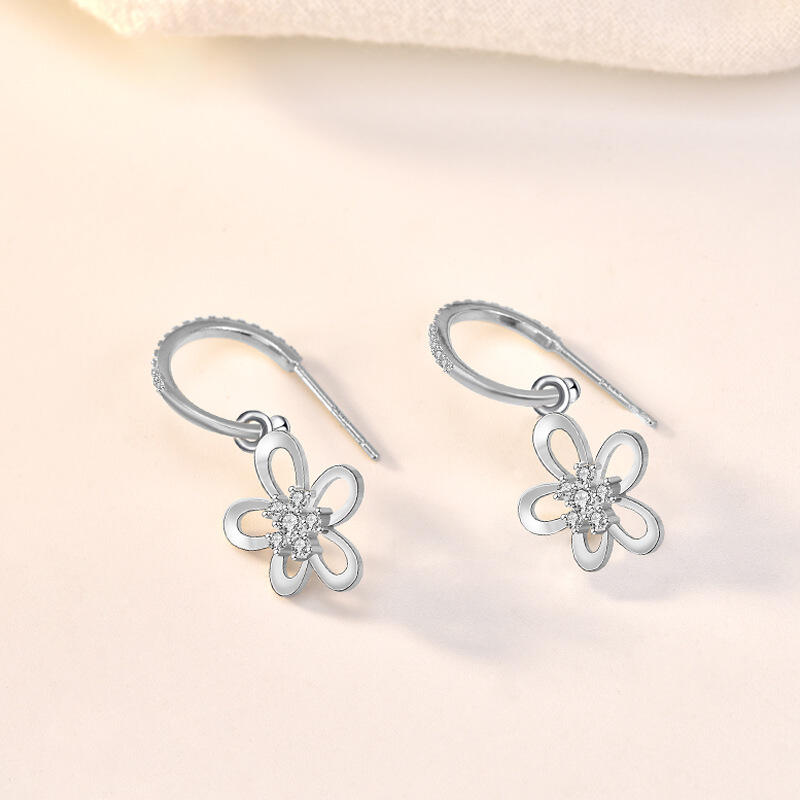 Jeulia Flower Round Cut Sterling Silver Drop Earrings