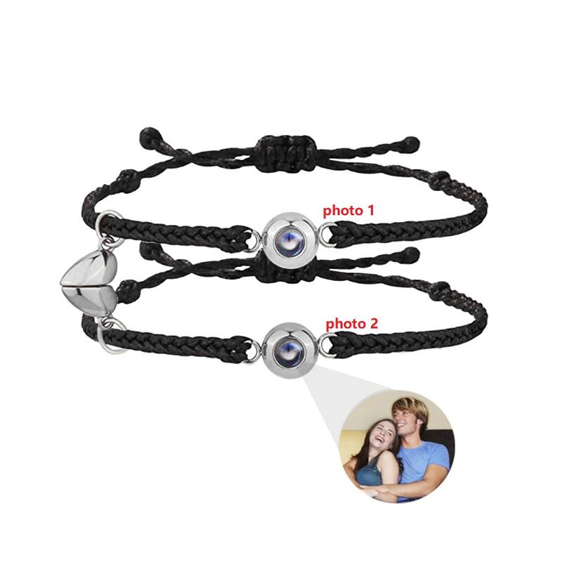 Bracciali con Foto Dentro Corda Nera con Magente a Cuore per Coppia