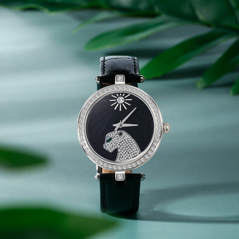 Jeulia "Jungle Fever" Leopard Quartz Black Leather Watch with Black Dial