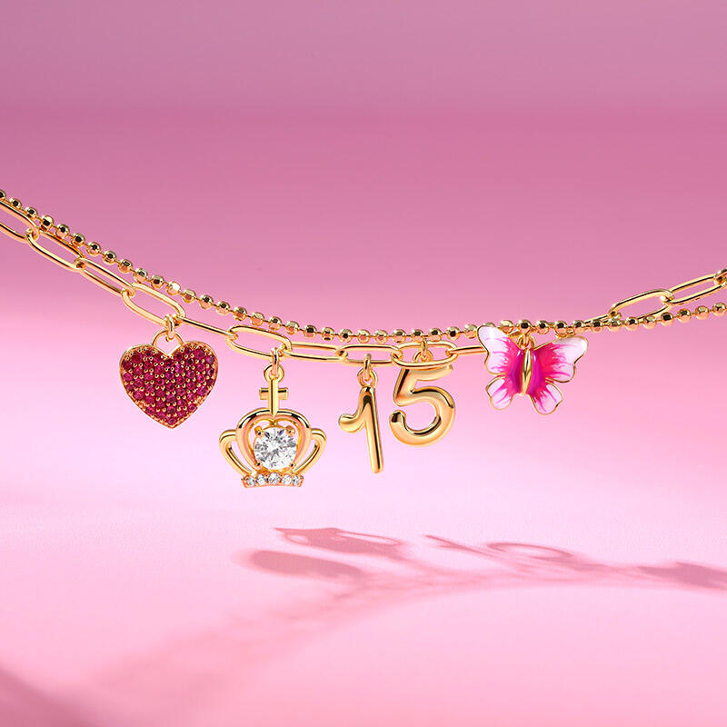 Jeulia "Shinning Day" Quinceañera 15th Enamel Charm Sterling Silver Bracelet