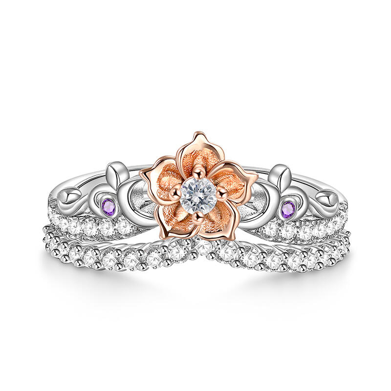 Jeulia Rose Gold Flower Promise Ring Set Two Tone Sterling Silver