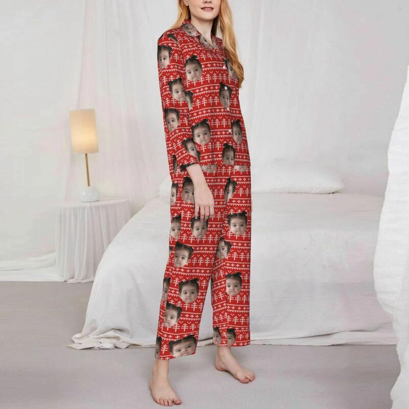 Pyjama personnalisé avec photo personnalisée Pixel Arbre de Noël Motif de style rouge Cadeau parfait pour elle