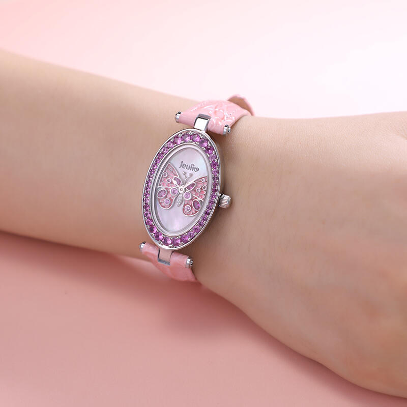 Jeulia "Fluttering Moment" Butterfly Quartz Pink Leather Watch with Mother of Pearl Dial