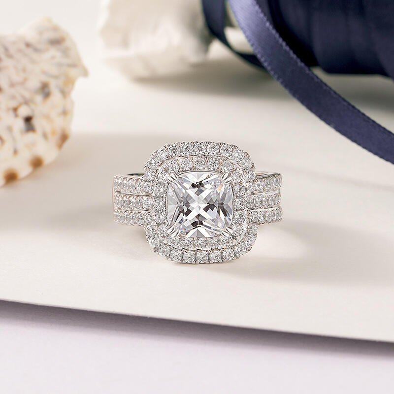 Jeulia Classic Cushion Cut Halo Engagement Ring Set Sterling Silver